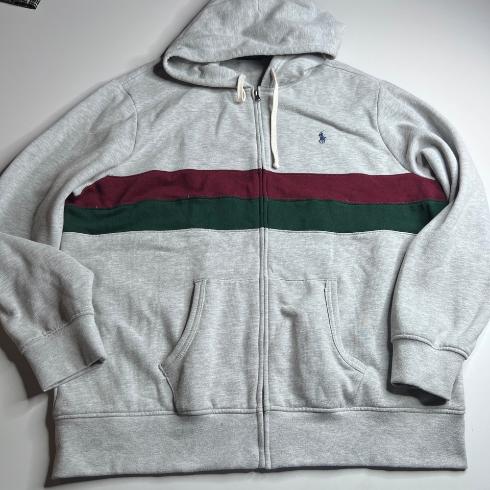 Polo Ralph Lauren Mens‎ XXL Full Zip Hoodie Gray Striped Fleece Sweatshirt Talon